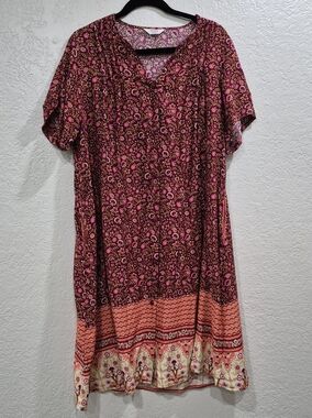 Pink floral short sleeve snap-up Dress  women, with 2 pockets, cotton, size L.
